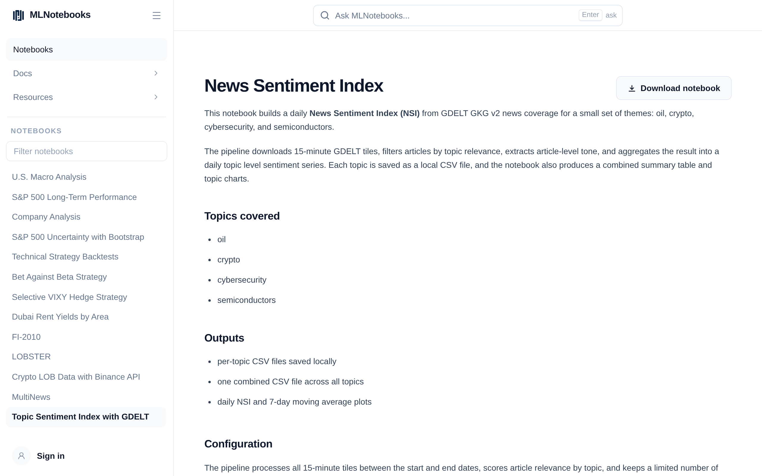 MLNotebooks platform screenshot